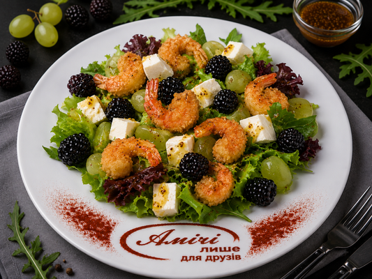 Salad with grape and tempura shrimp