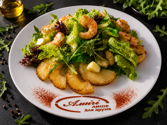 Salad with shrimp and pineapple and Brie cheese